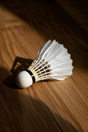 Close up of badminton on wooden floorの素材