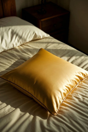 Yellow pillow on the bed in the bedroomの素材