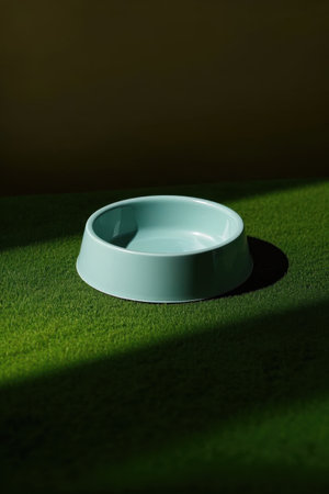 Light pet bowl on green grassの素材