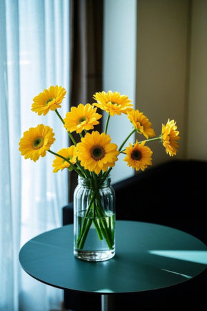 Yellow flowers in a vase on an indoor tableの素材