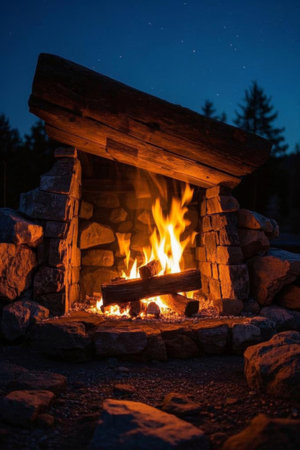 Outdoor stone bonfire burning sceneの素材