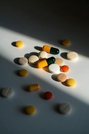 Scattered pills and capsules of various colorsの素材