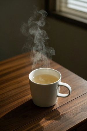 Steaming white teacup on wooden tableの素材