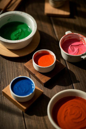 Colorful paint on wooden tabletopの素材