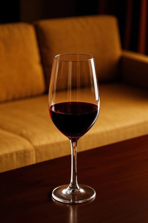 A glass of red wine on the table by the sofaの素材