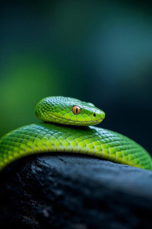 Close up of the green venomous snakeの素材