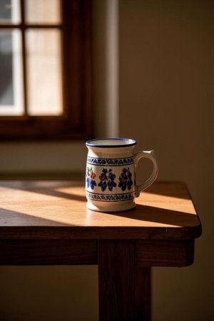 Ceramic cup with pattern on wooden tableの素材