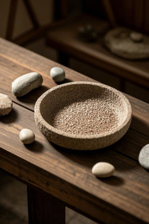 Stone bowls and stones on wooden tabletopの素材