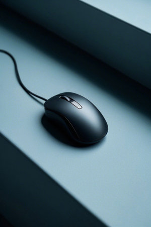 Close up of black wired mouseの素材