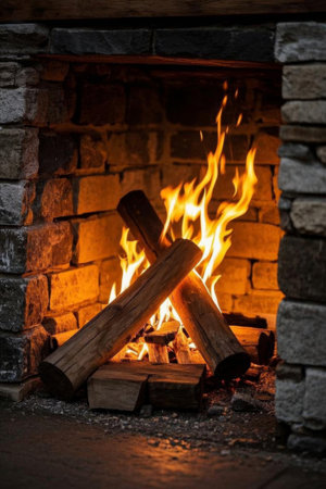 Firewood flames burning in indoor fireplacesの素材