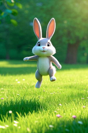 Cartoon bunny jumping on the grassの素材