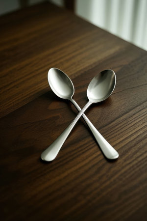Metal spoons crossed on a wooden tableの素材