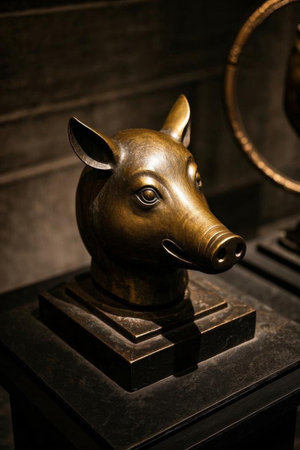 Close up of the bronze statue with pig's headの素材