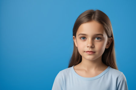 Portrait of little girl in front of blue backgroundの素材