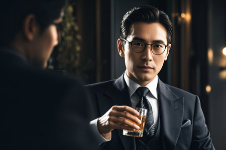 Business man holding wine glass and looking at each otherの素材