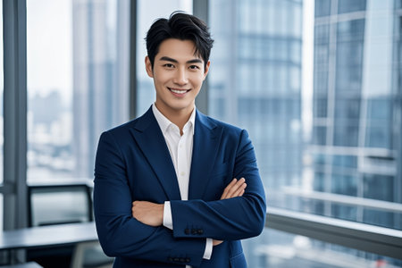 Men in suits smile and hug their armsの素材