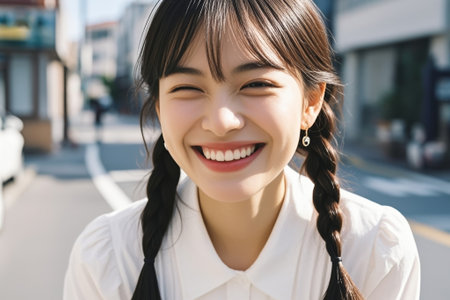 Smiling girl with double pigtails on the streetの素材