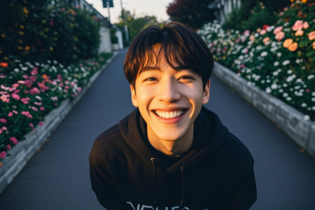 Man in sweatshirt smiles on flower pathの素材