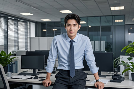 Business men's office leaning against their desksの素材