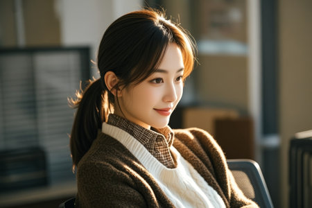 Portrait of smiling woman in the interiorの素材