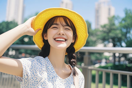 Smiling young Asian woman in yellow hatの素材