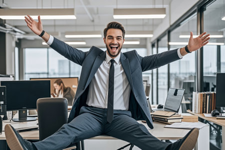 Business men celebrate excitedly in the officeの素材
