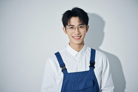 Smiling young man in a backstrap overallの素材