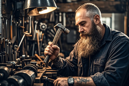 Workshop workers focus on their work with hammersの素材