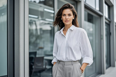 Business women take photos in front of the outdoor office buildingの素材