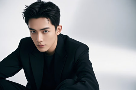 Portrait of a man in a suit sitting uprightの素材