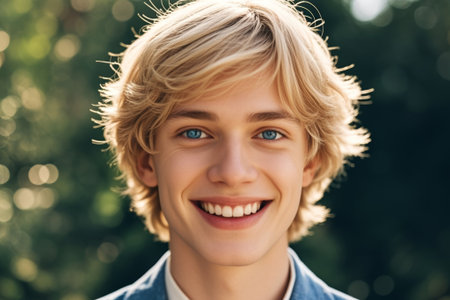 Close up of smiling young man outdoorsの素材