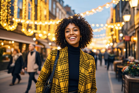 Smiling African American women on the streetの素材