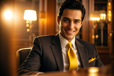 Close up of a man's smile in a suitの素材