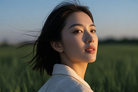 Profile portrait of an Asian woman in a fieldの素材