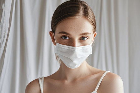 Close up portrait of a woman wearing a maskの素材