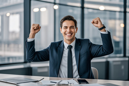 Business men celebrate success in the officeの素材