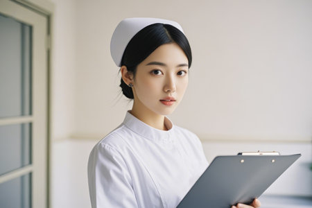 Young female nurse holding a folderの素材