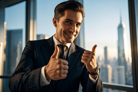 Men's suit gives a thumbs up by the windowの素材