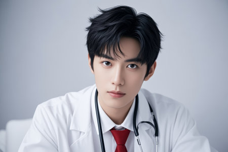 Young men in white coats and stethoscopesの素材