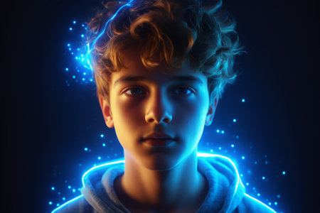 Portrait of a boy with technological light effectsの素材