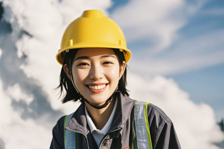 Female engineer smiling in hard hatの素材