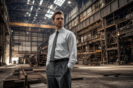 Business man standing in factoryの素材