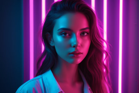 Stylish female portraits under neon lightsの素材