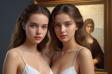 Close up of the twin girls' portraitsの素材