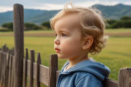 Outdoor blonde child looking out from a wooden fenceの素材