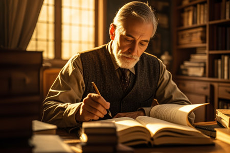 Elderly people focus on reading and writing scenes indoorsの素材