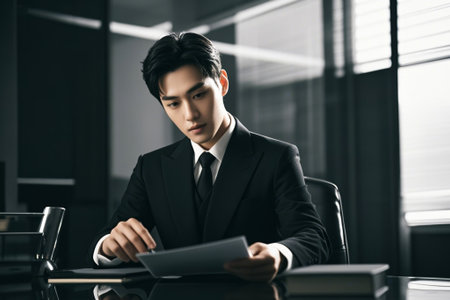 Reading documents at a business man's deskの素材