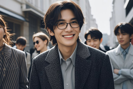 Fashionable young people smiling on the streetの素材