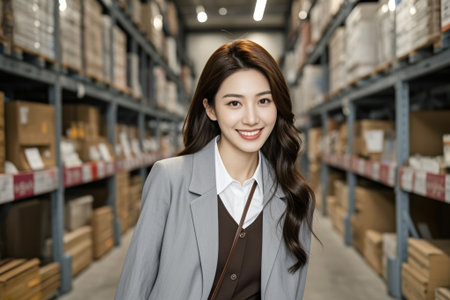 Smiling business woman in warehouseの素材