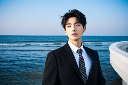 Portrait of a man in a suit standing on the beachの素材